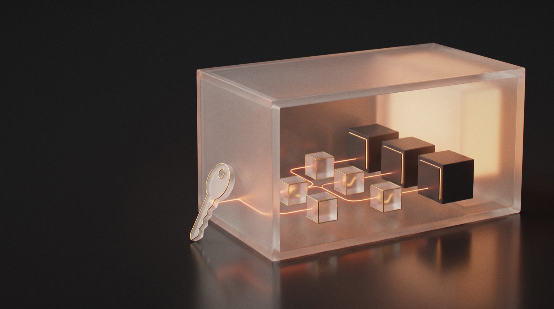A frosted glass enclosure holding a branching workflow and three worker machines, with a key outside the wall that unlocks it
