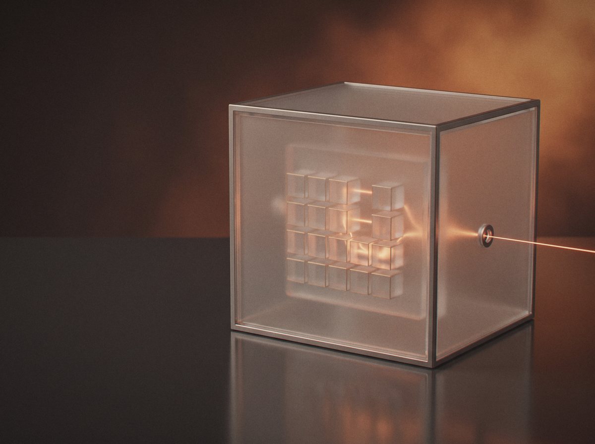 A sealed frosted glass case holding a grid of small glass blocks, with a single orange light line entering through one port in its side.
