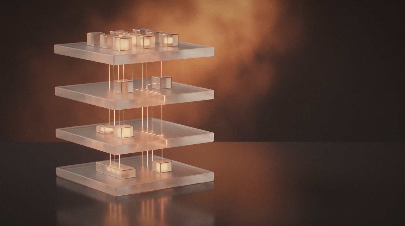 Four frosted glass plates stacked like floors of a building, joined by thin orange light lines, with small lit modules on each level.