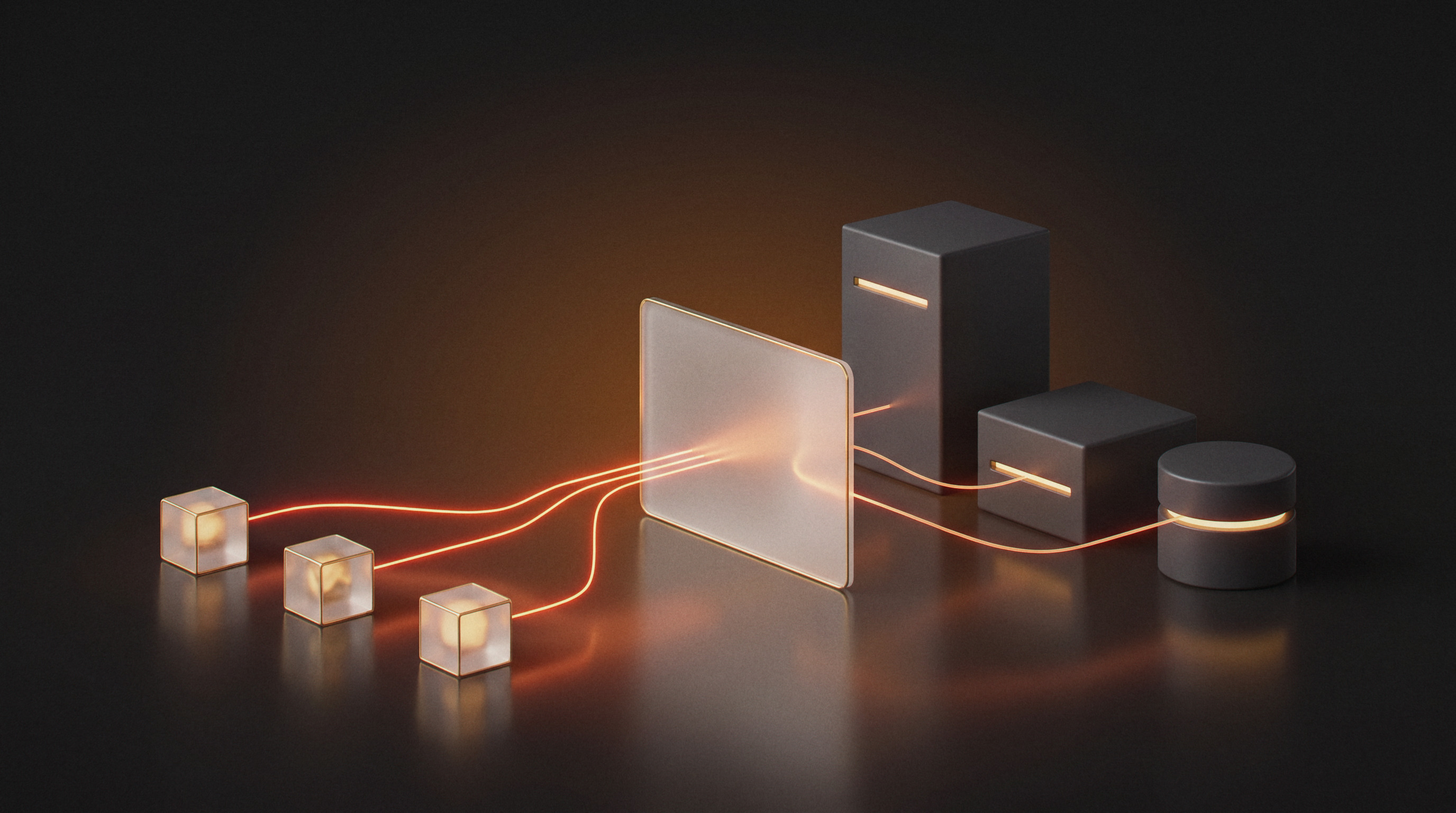 Three lit glass cubes send light lines through a frosted glass layer before they reach three dark system blocks