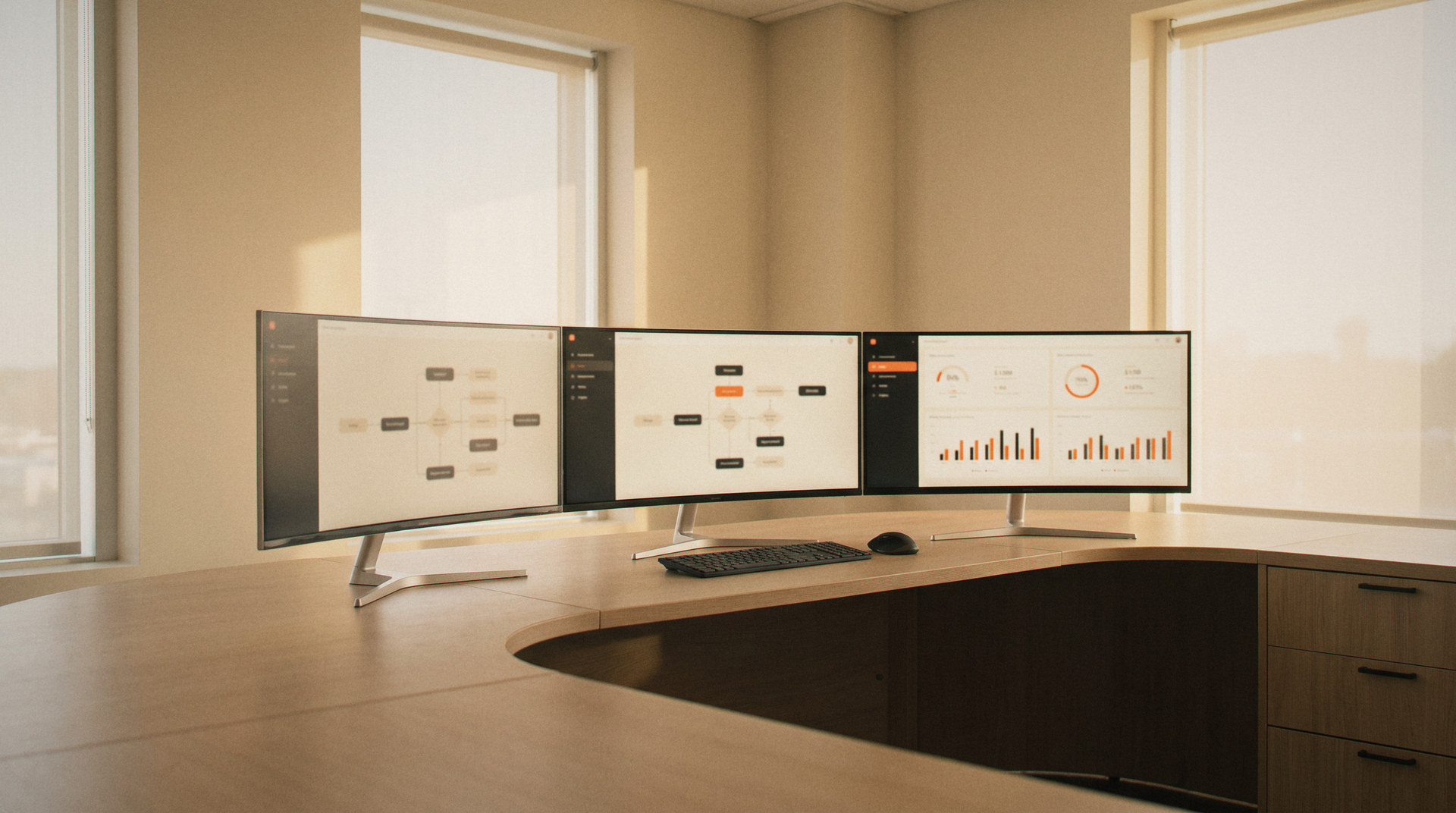 An empty operations room in warm daylight, with three curved monitors showing workflow diagrams and metric charts