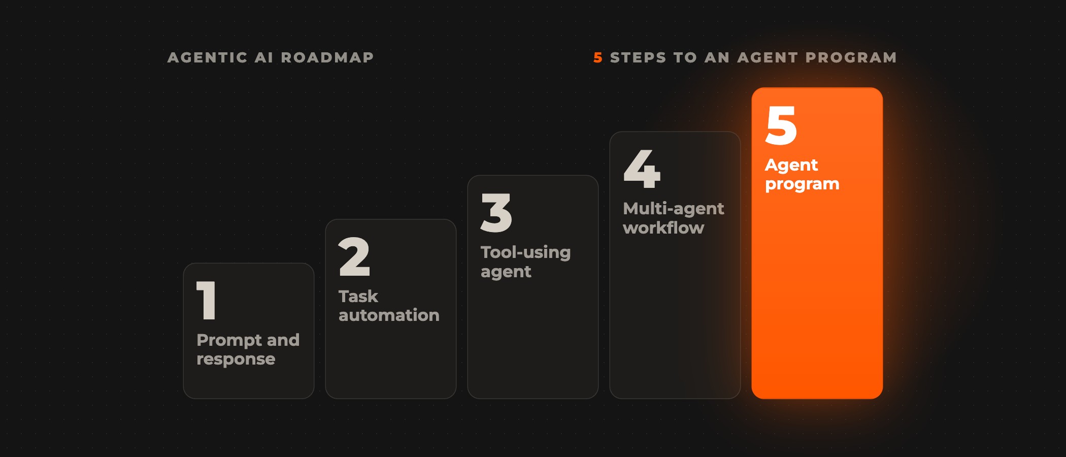 Five steps from one workflow to an agent program, prompt and response, task automation, tool-using agent, multi-agent workflow and agent program, with the agent program highlighted.