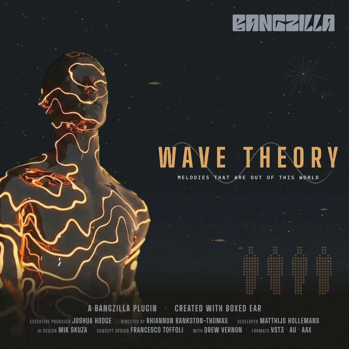 Wave Theory launch poster: a glowing figure traced with orange wave lines against a starfield, with the Wave Theory title and BangZilla logo