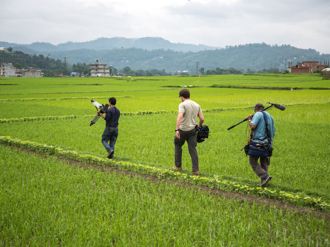 Three people carrying camera equipment walking on a path through a green rice field with hills in background.