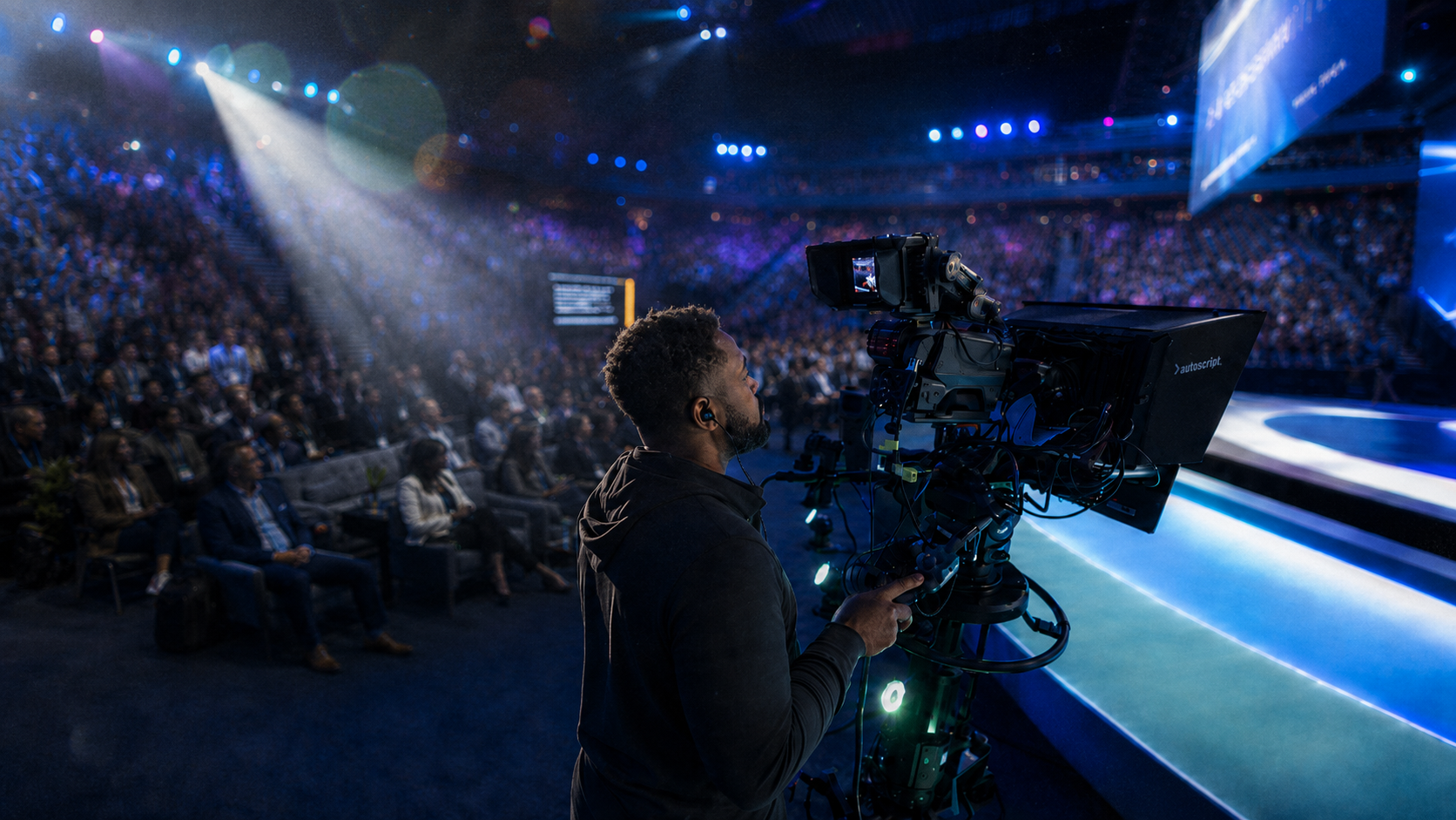 Cameraman filming a large audience at a brightly lit conference or event in an arena.