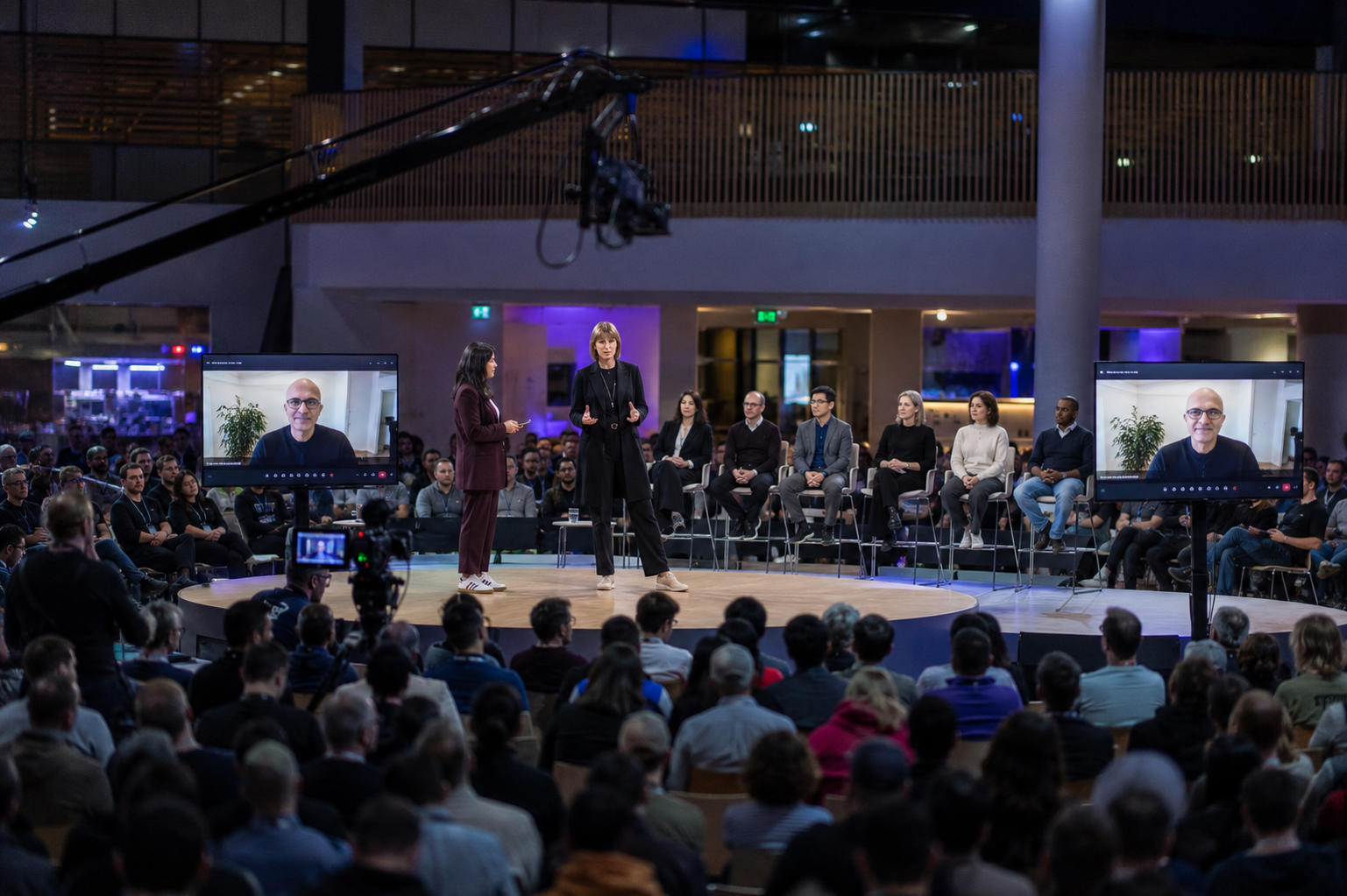 Panel discussion in a large hall with two speakers standing and several seated, plus remote participant on screens.