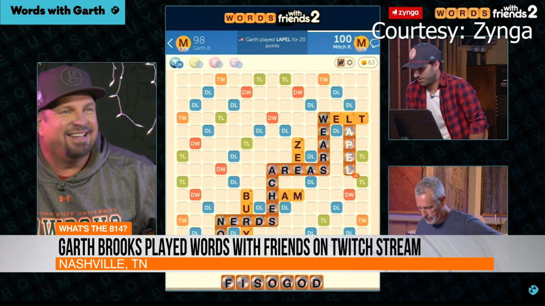 Screenshot of Garth Brooks playing Words with Friends with other players on a Twitch stream in Nashville.