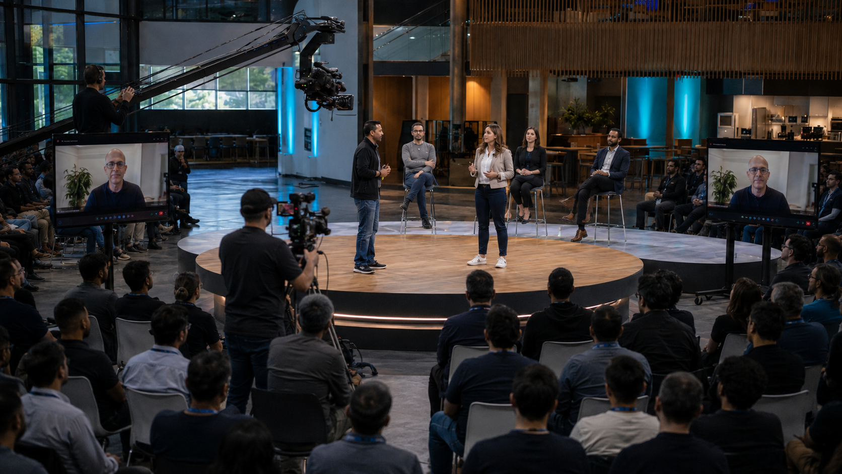 Two presenters stand on a circular stage with an audience and seated panelists, filmed by cameras.
