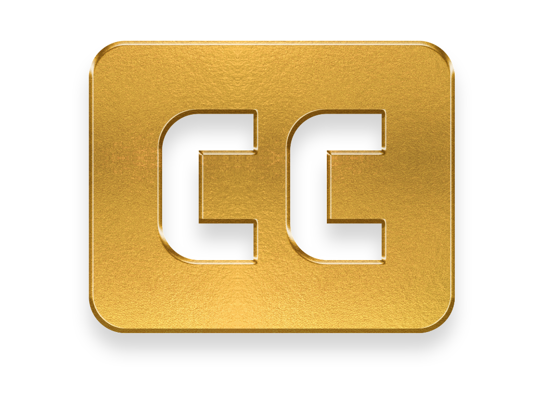 Gold rectangular block with raised double C's  in the center.