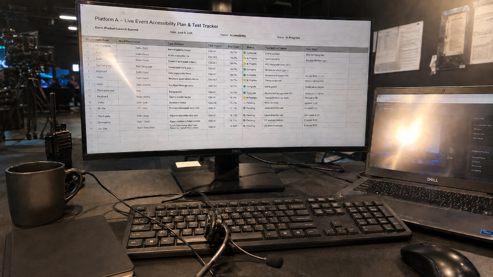Curved monitor displaying a live event accessibility plan next to a laptop, keyboard, headset, and coffee cup.
