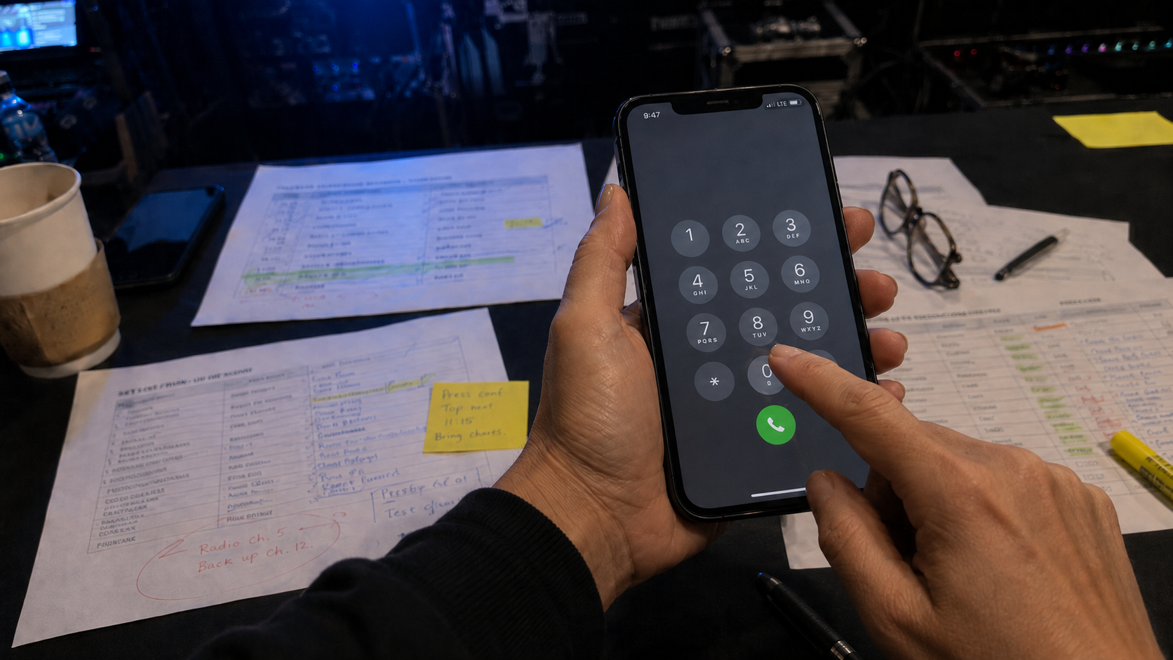 Hand holding smartphone dialing a number on keypad over a desk with papers, pen, glasses, and cup.