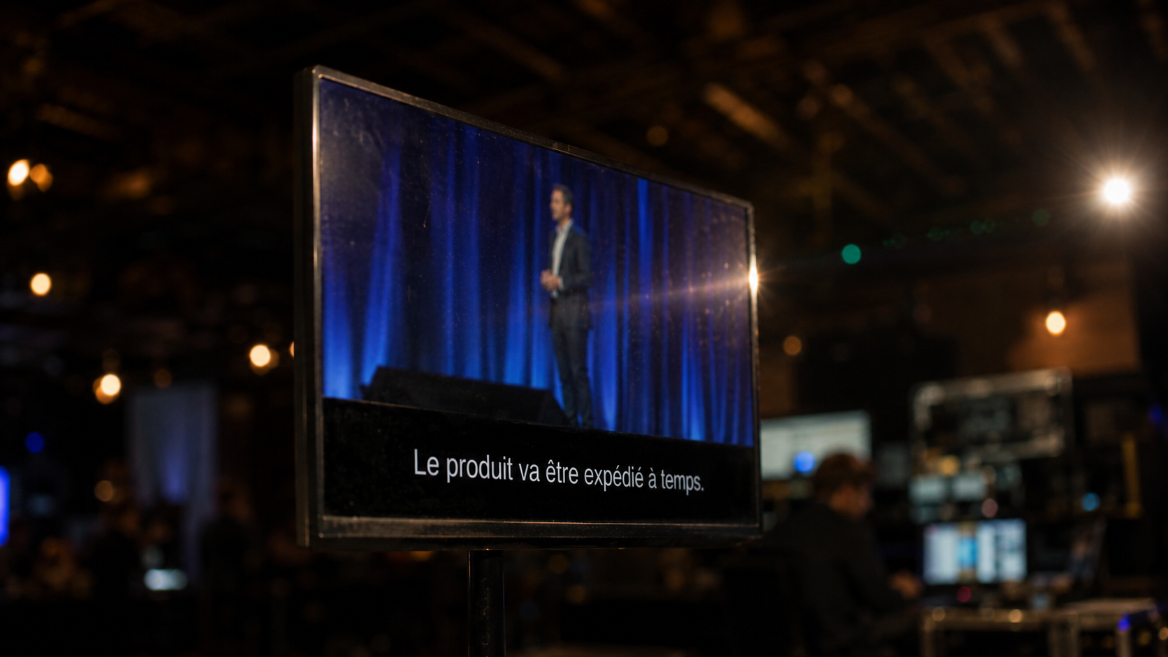 Screen showing a man speaking with French caption about product shipping on stage with blue curtains.