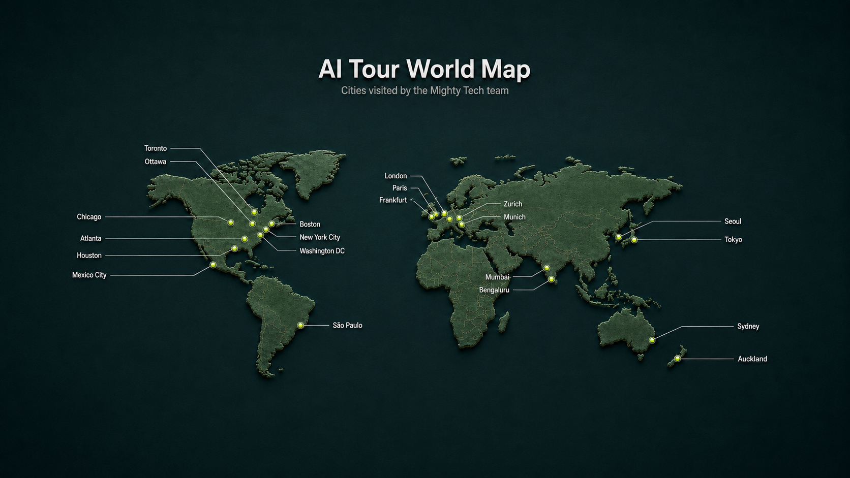 World map showing cities visited by the Mighty Tech team with green location pins and city labels.