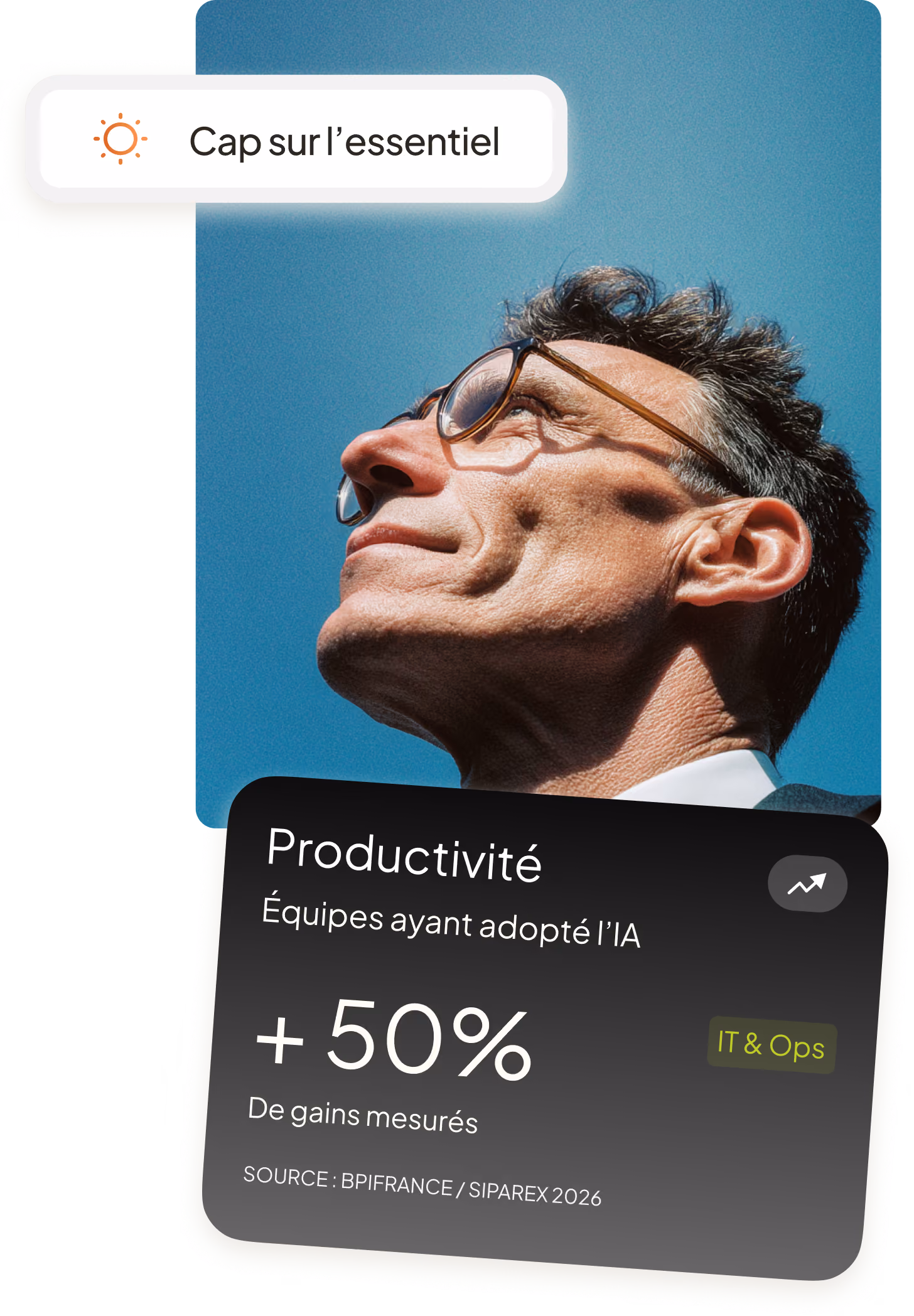 Dirigeant regardant vers le haut, lumière naturelle — Dashboard productivité +50% de gains mesurés, source Bpifrance Siparex 2026 — Cap sur l'essentiel