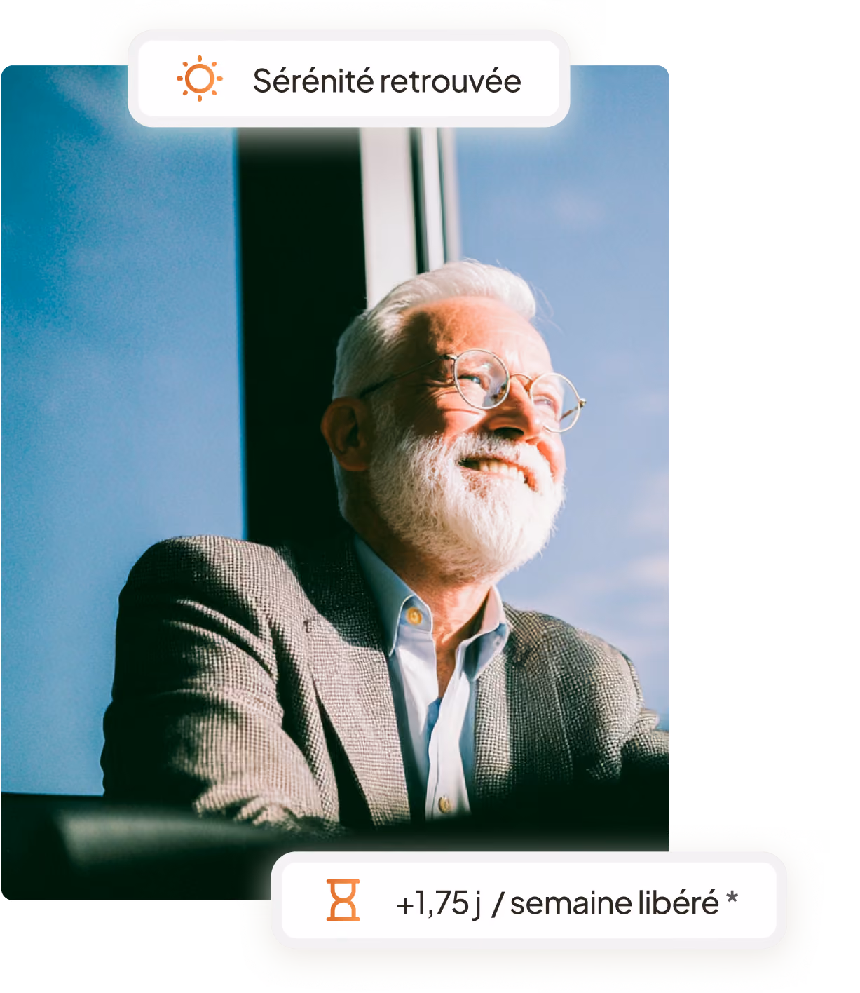 Dirigeant souriant regardant vers le ciel, lumière naturelle. +1,75 jour par semaine libéré grâce à l'IA, source Bpifrance