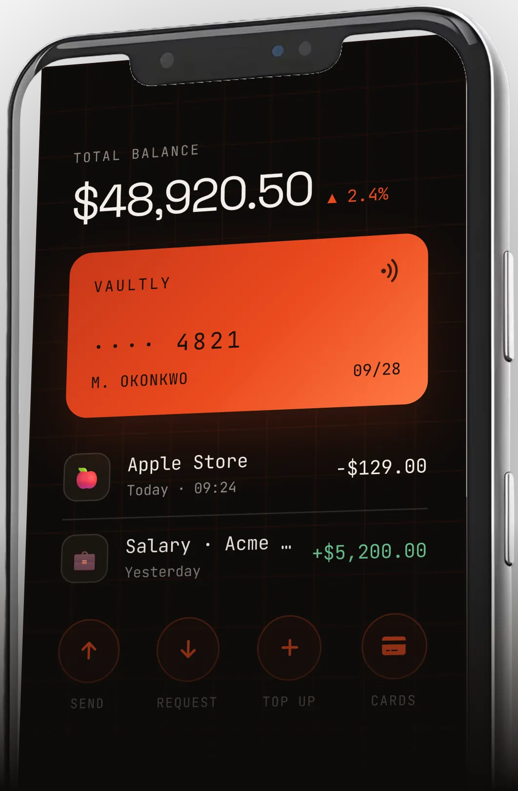 Smartphone showing the Vaultly banking app with account balance, card and recent transactions