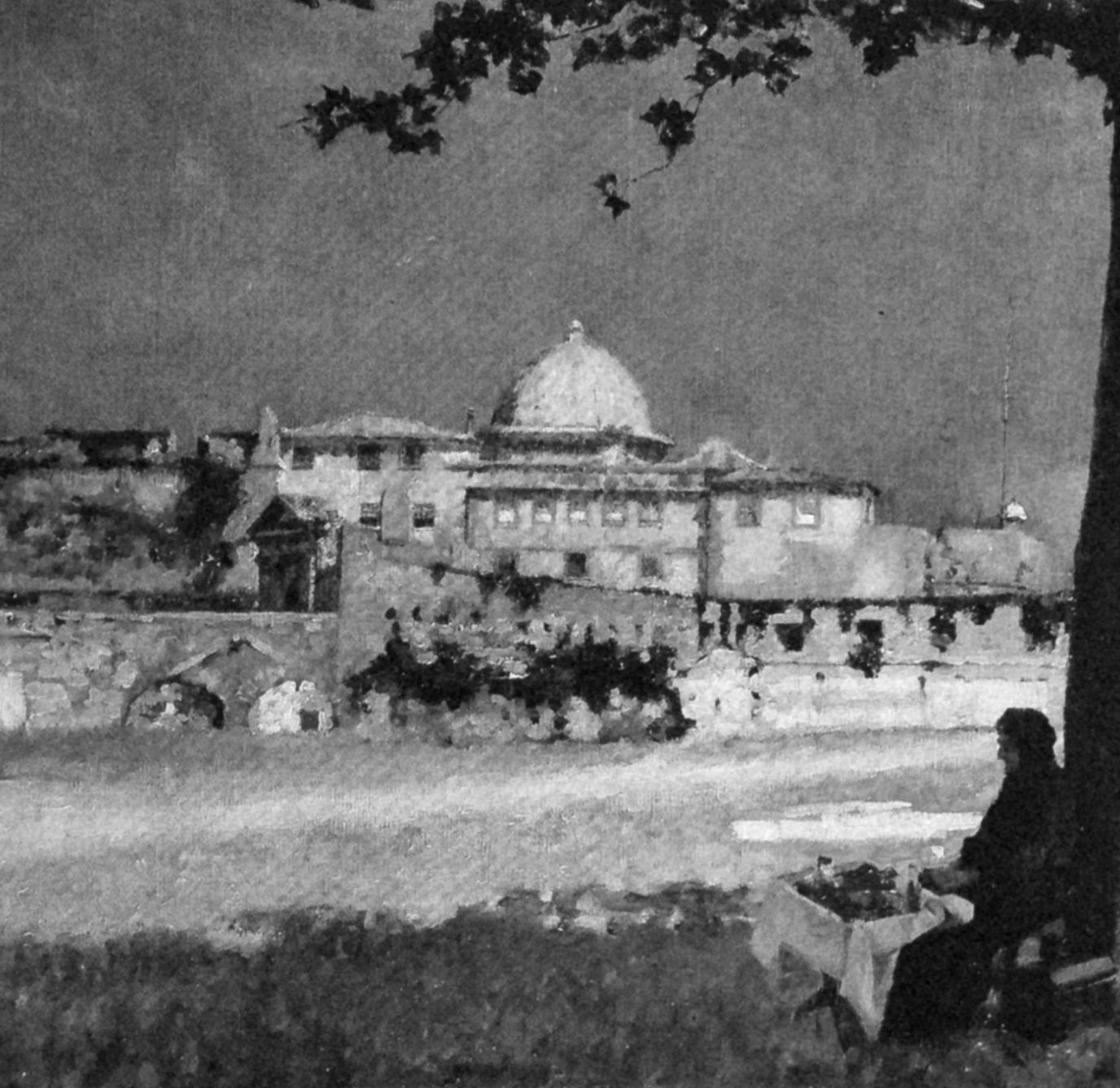 Silhouette of a person sitting at a table with a dome building and walls in the background.