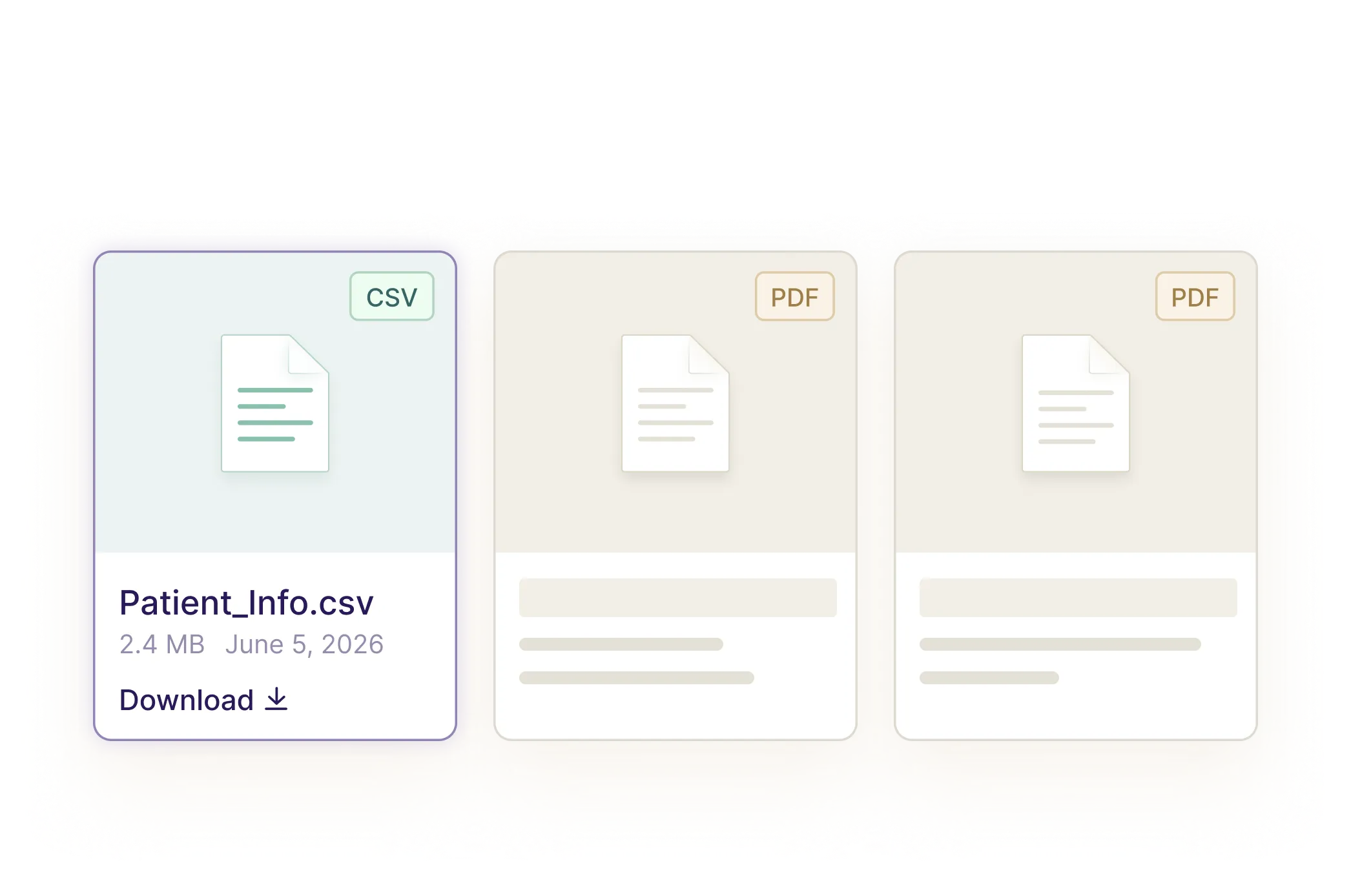 Three cards showing different file types