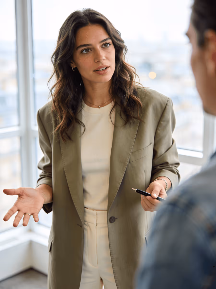 Woman in beige blazer and white top gestures while talking to a man in an office with large windows.