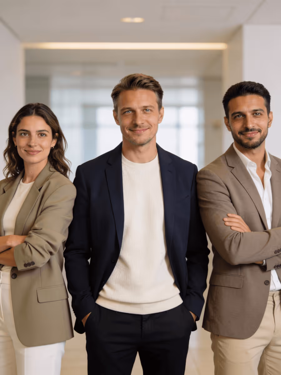 Three professionals, two men and one woman, confidently standing side by side in business attire.