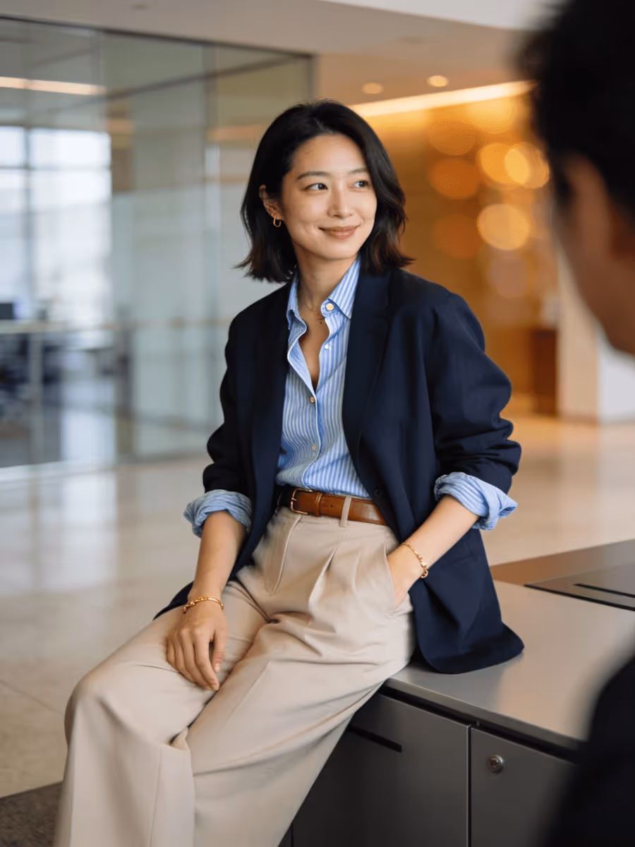 Smiling woman in navy blazer, blue striped shirt, and beige pants sitting on office cabinet.