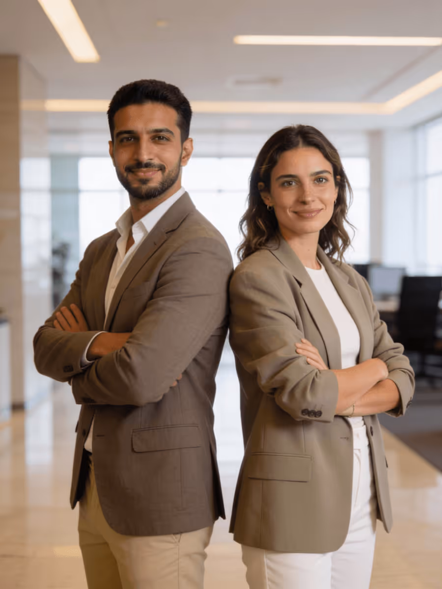 Confident man and woman in business attire standing back to back with arms crossed in an office.