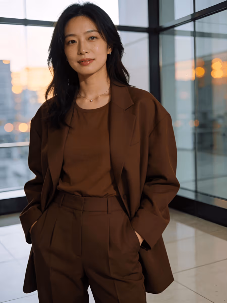 Confident woman in brown suit with hands in pockets standing indoors near large windows.