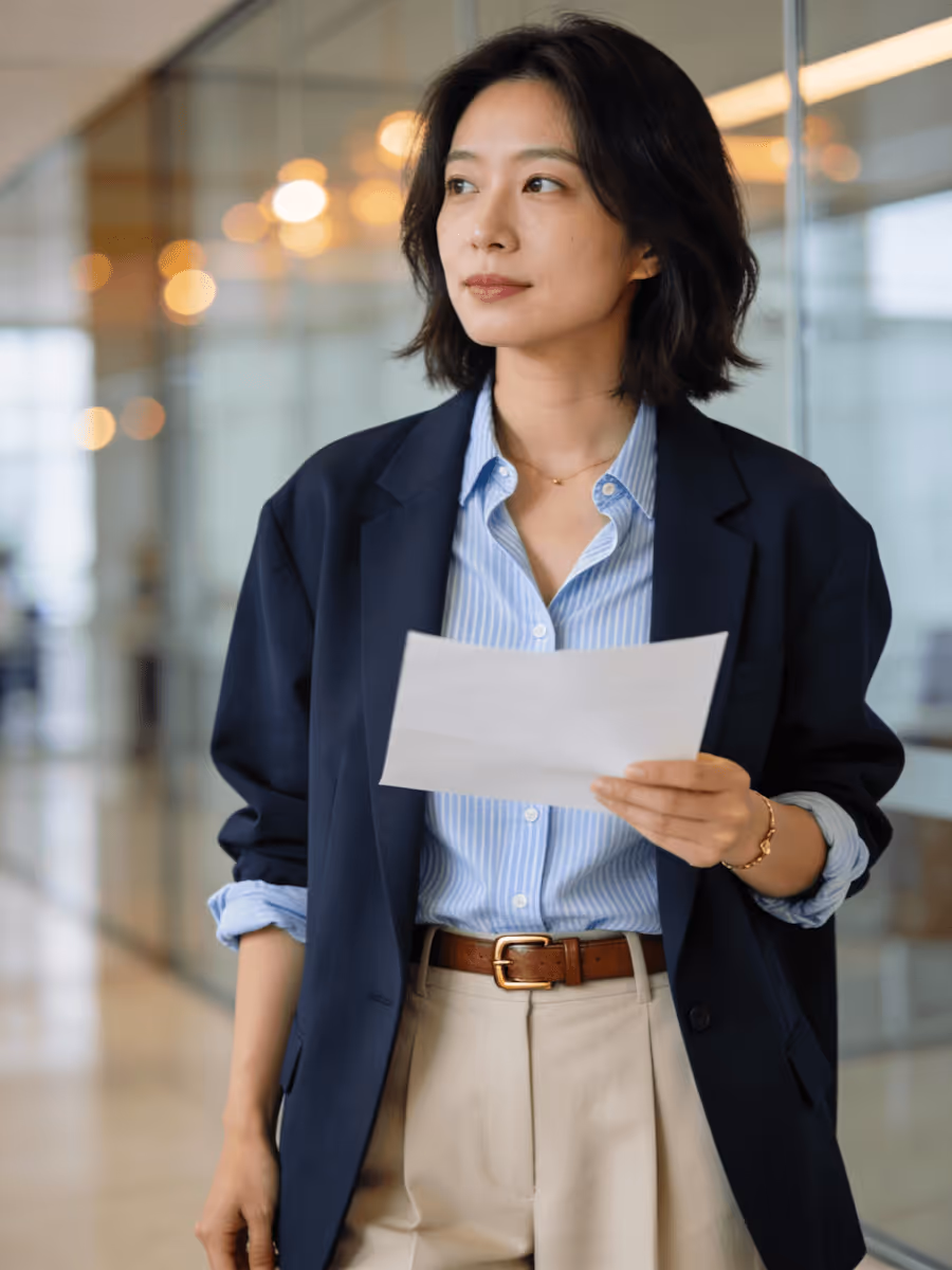 Professional woman in blazer holding paper, standing in modern office corridor with glass walls.