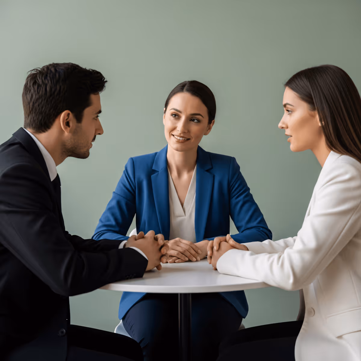 Three professionals in business attire having a focused discussion at a small round table.