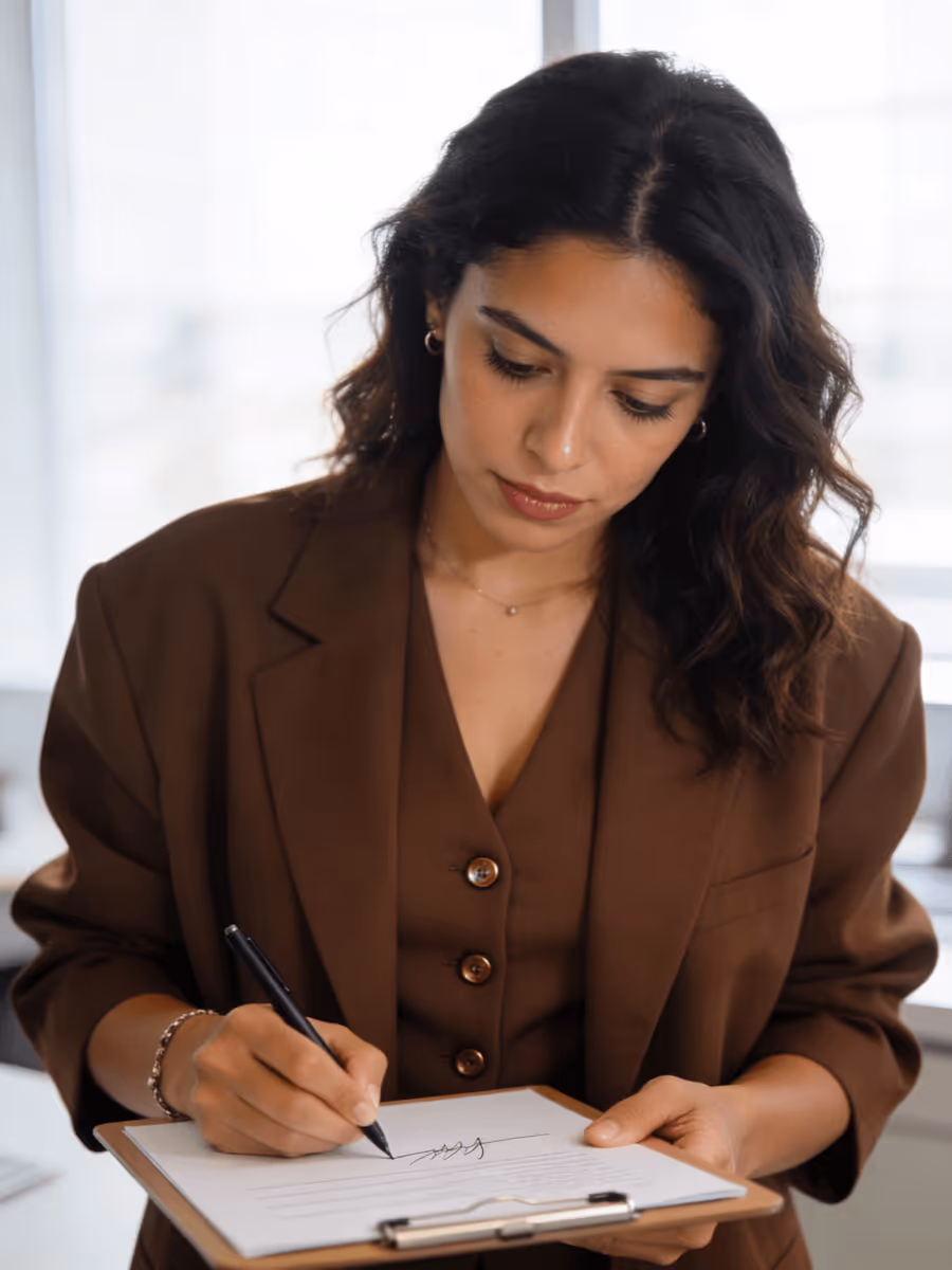 Focused woman in brown suit signing a document on a clipboard indoors.