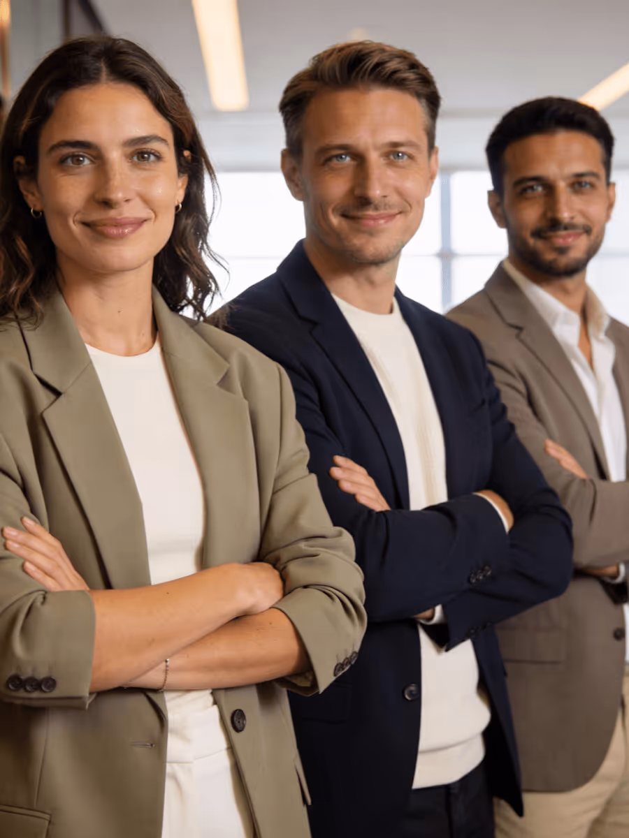 Three professional men and women standing side by side with arms crossed and smiling in office.