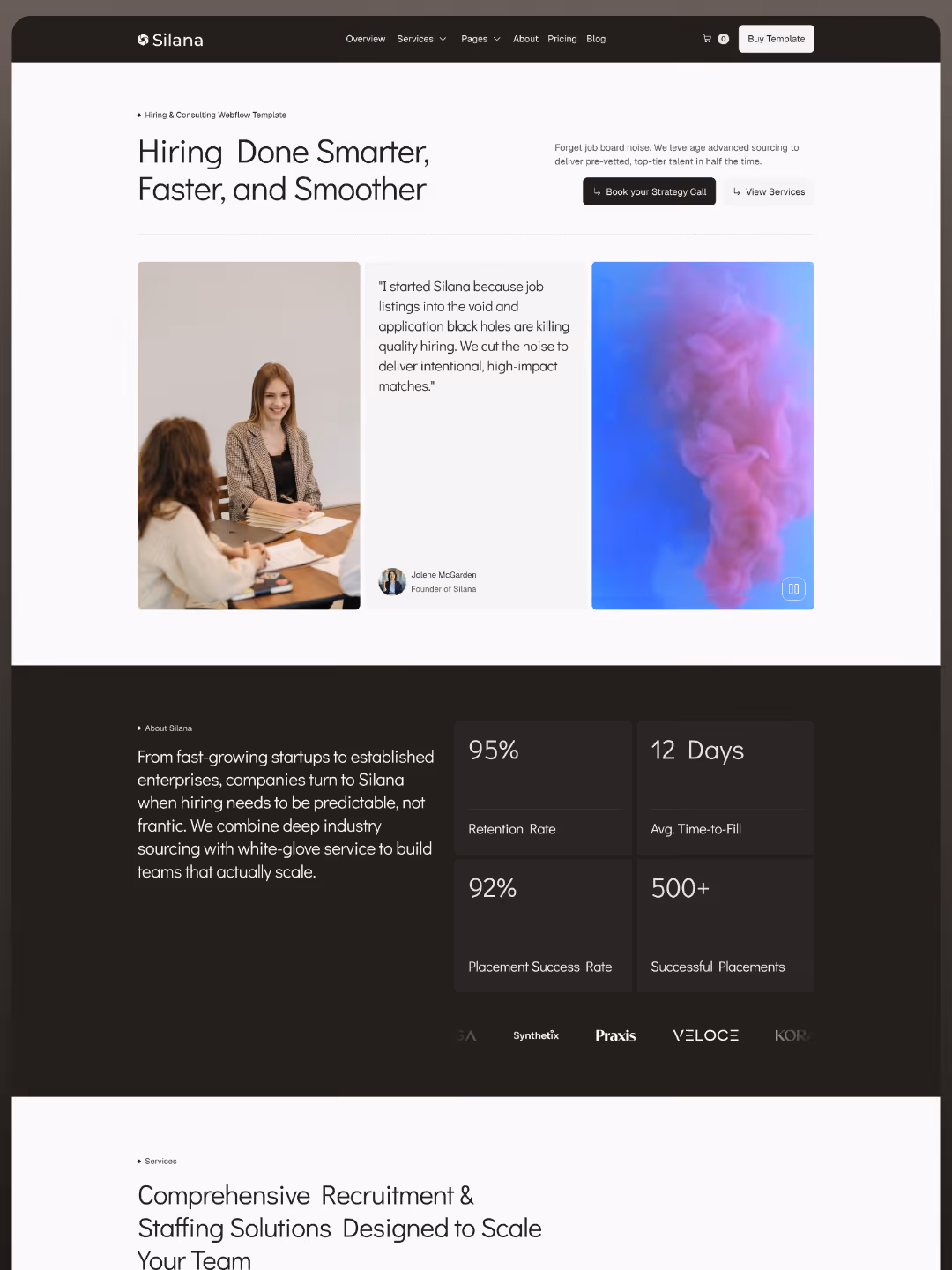 Website homepage for Silana showing hiring services, testimonial, stats, and navigation menu.