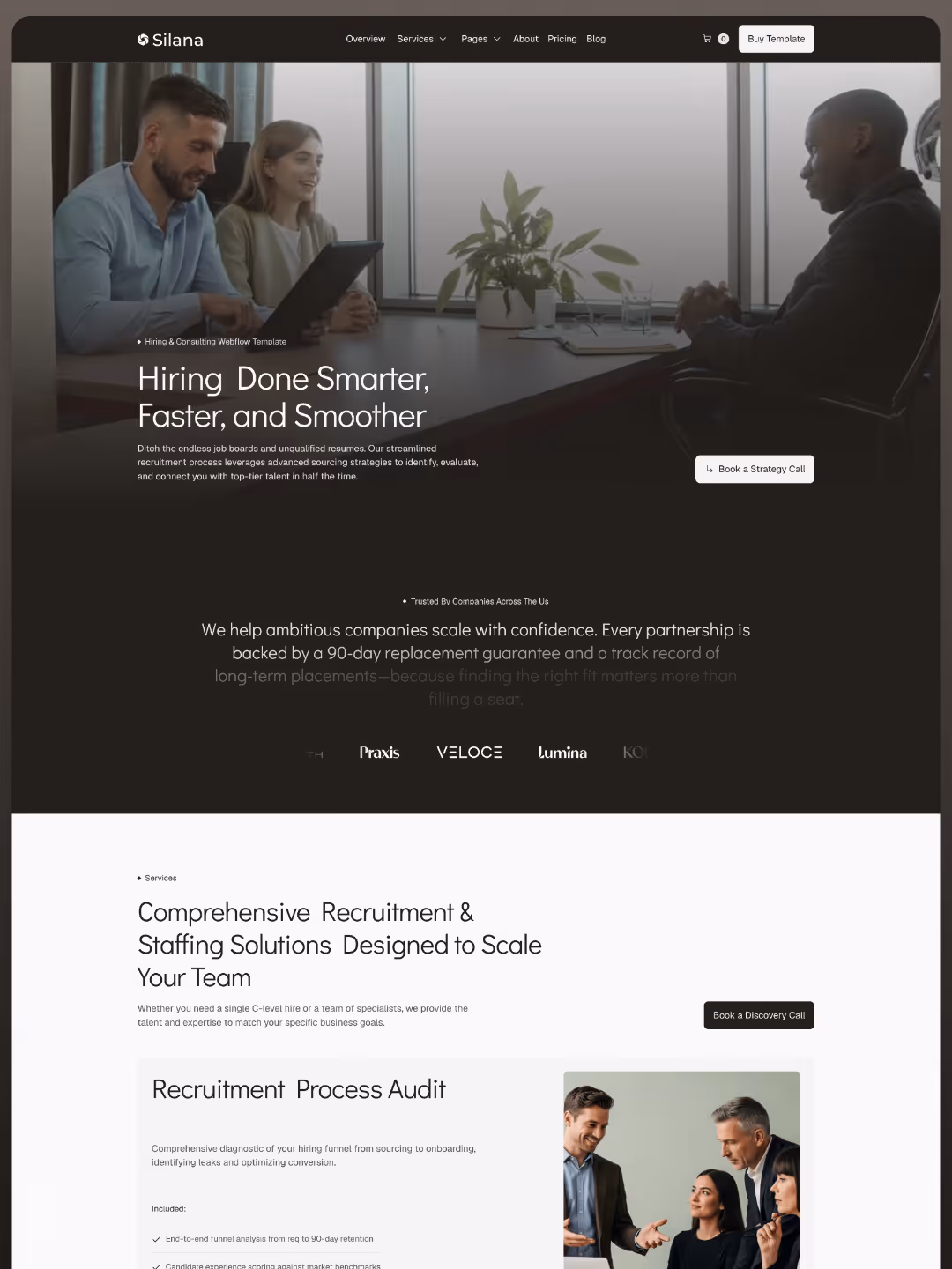 Website homepage showing professionals discussing hiring solutions and recruitment services with call-to-action buttons.