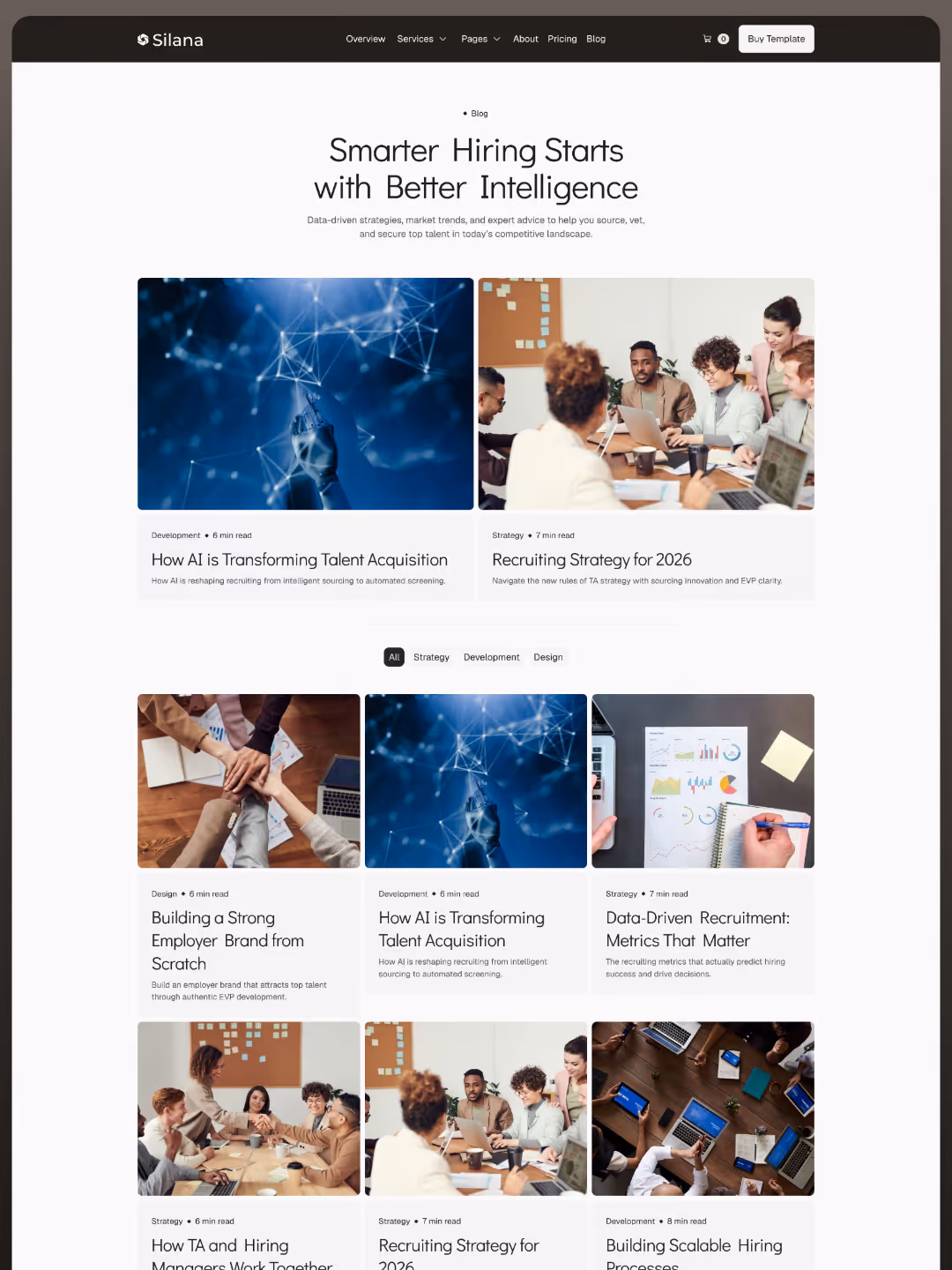 Silana Blog C page displaying article grid with featured images, categories, and subscription form.