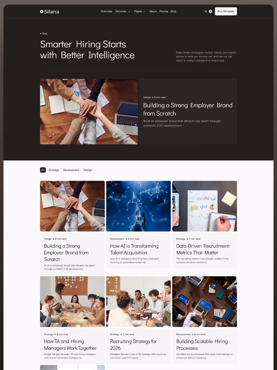 Webpage showing blog posts on hiring strategies with images of teamwork, AI, charts, and meetings.