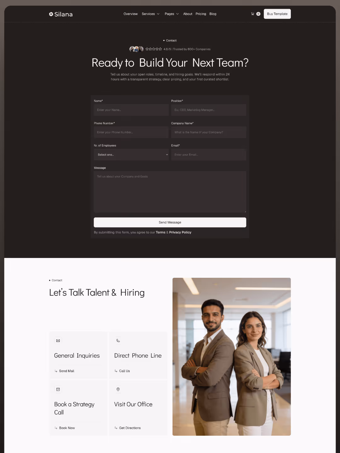 Website contact page with team hiring form, sections for inquiries, calls, strategy booking, and office visit info.
