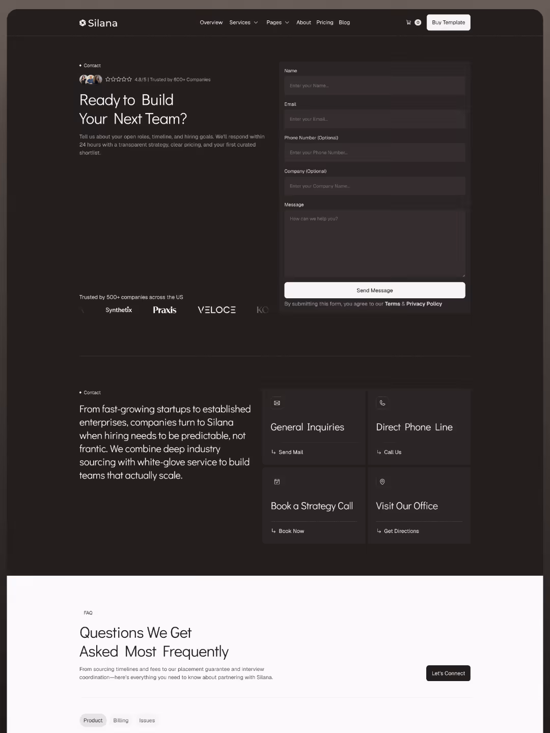 Silana contact page with team building form, company info, inquiry options, and FAQ section.