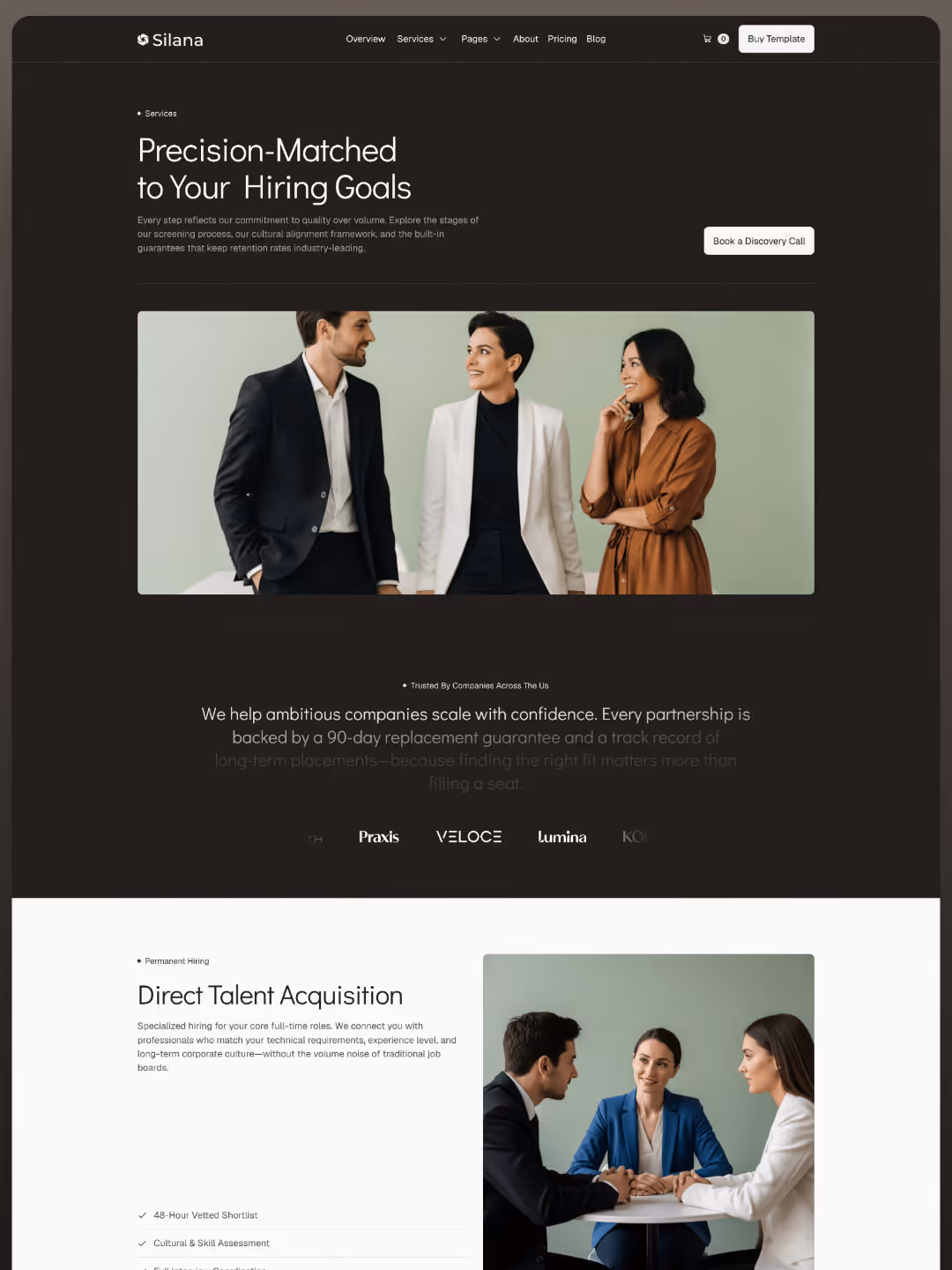 Website section showing professionals in business attire discussing hiring and talent acquisition services.