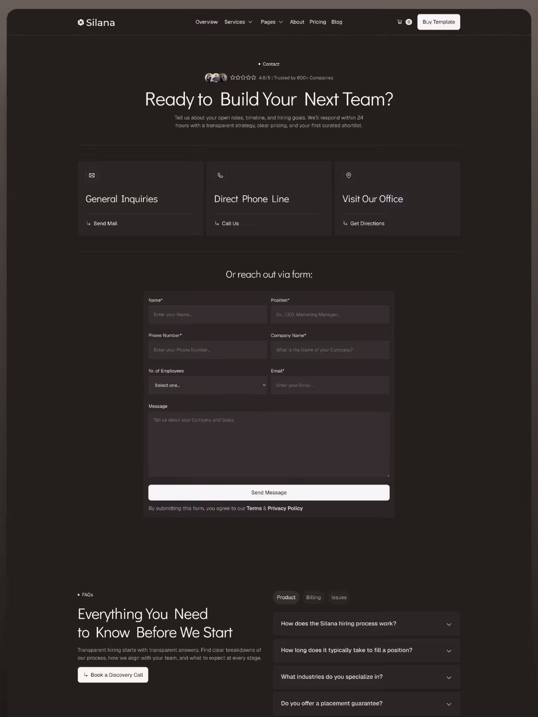Silana Contact C page with contact form, office location map, and multiple inquiry channel options.