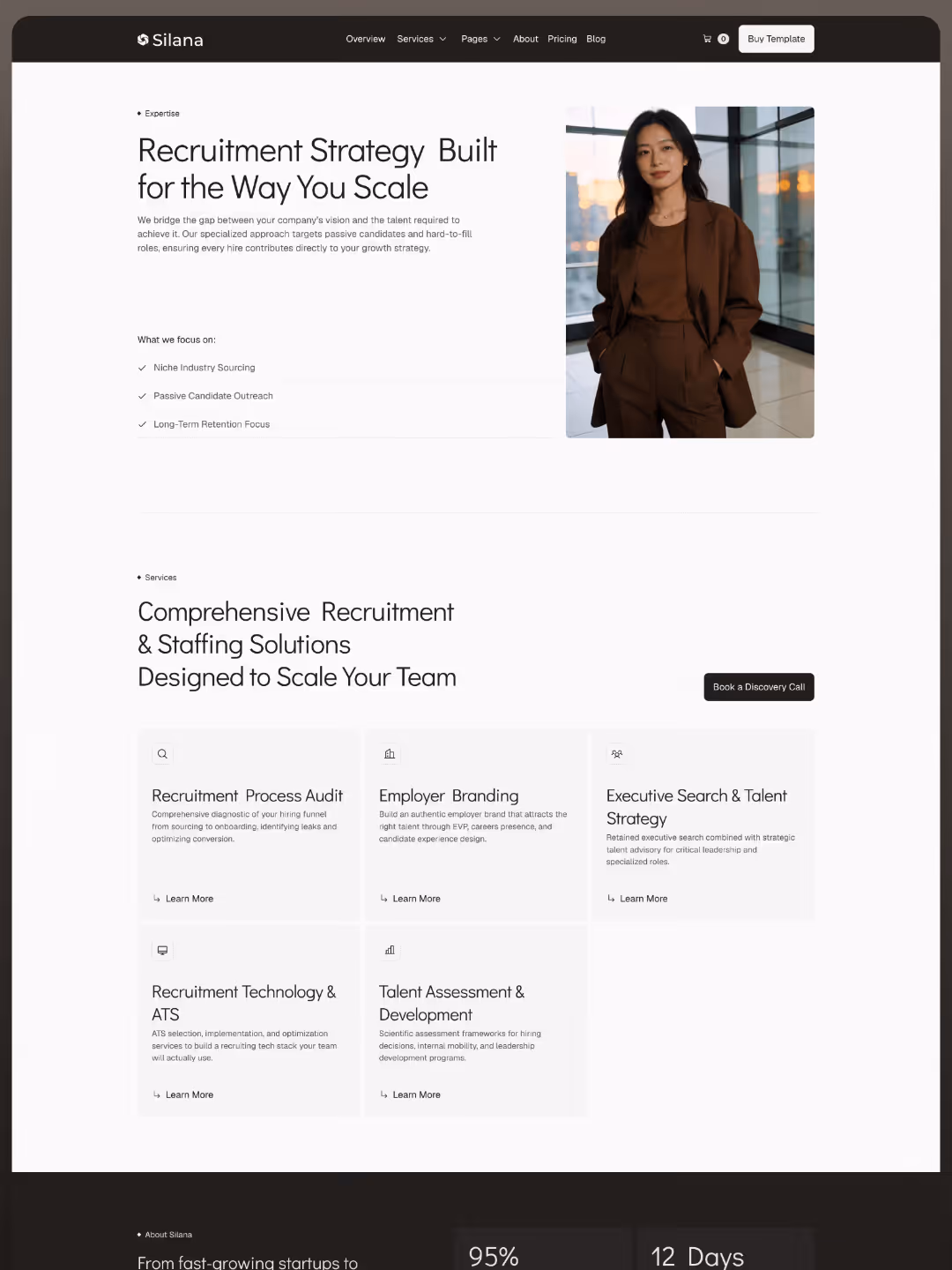 Website section showing recruitment strategy, key services, and a woman in a brown suit standing indoors.