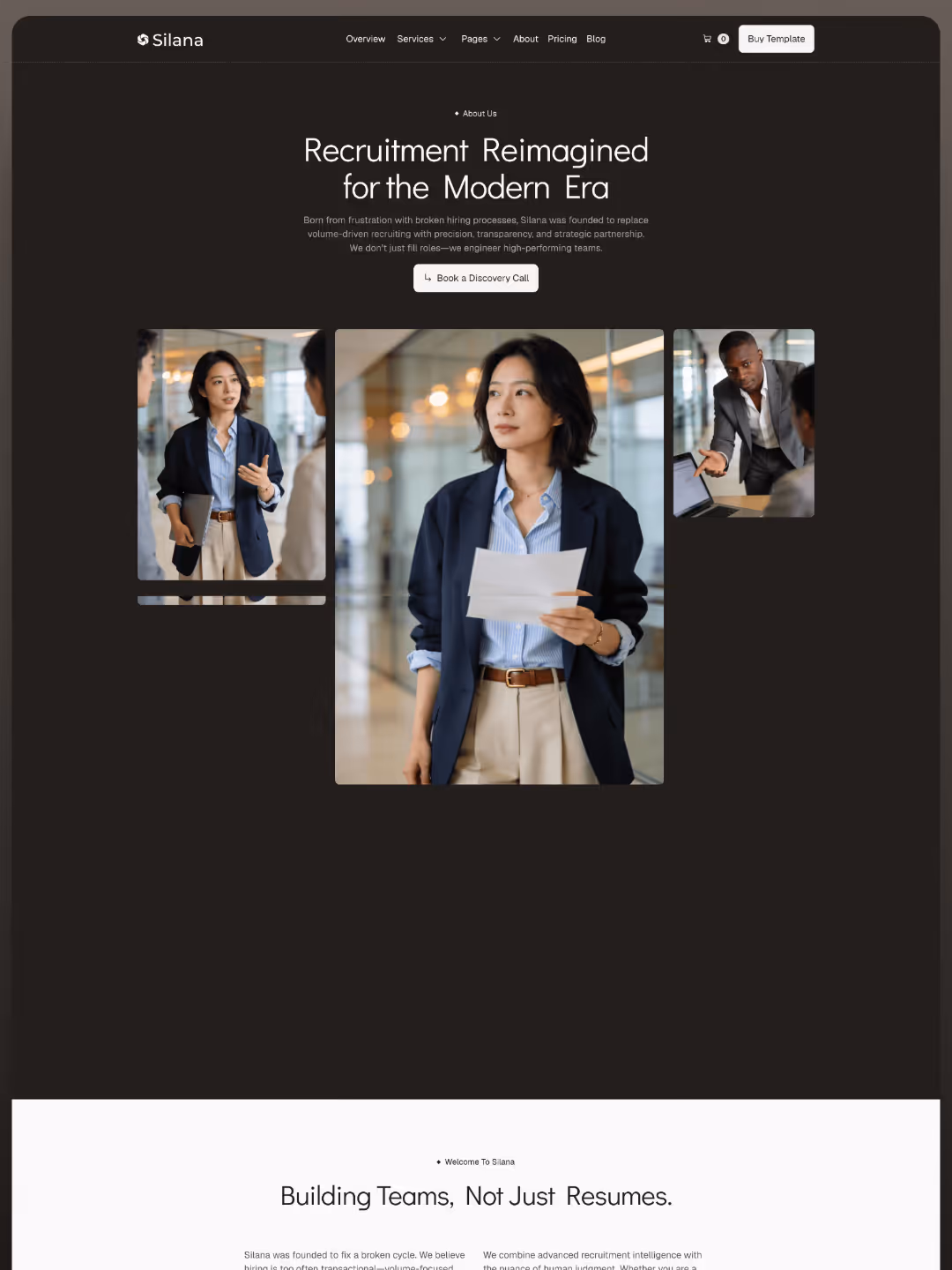 Website about recruitment showing professionals in office settings discussing and reviewing documents.