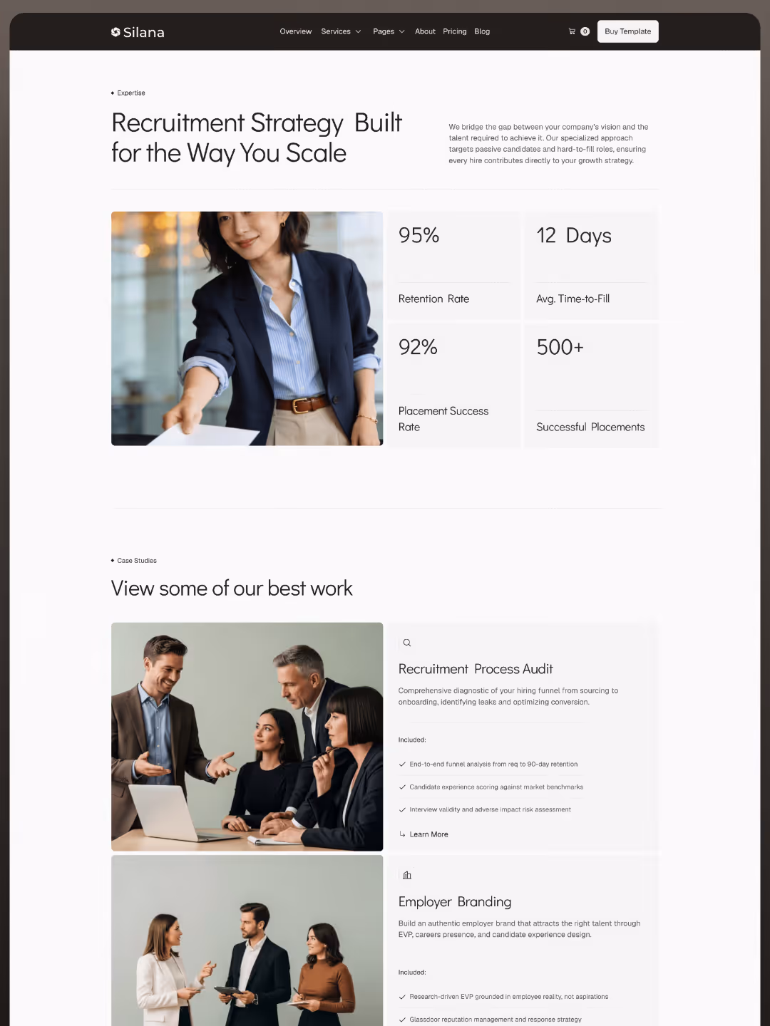 Silana Services A page showing recruitment strategy stats, key service offerings, and a professional team photo.