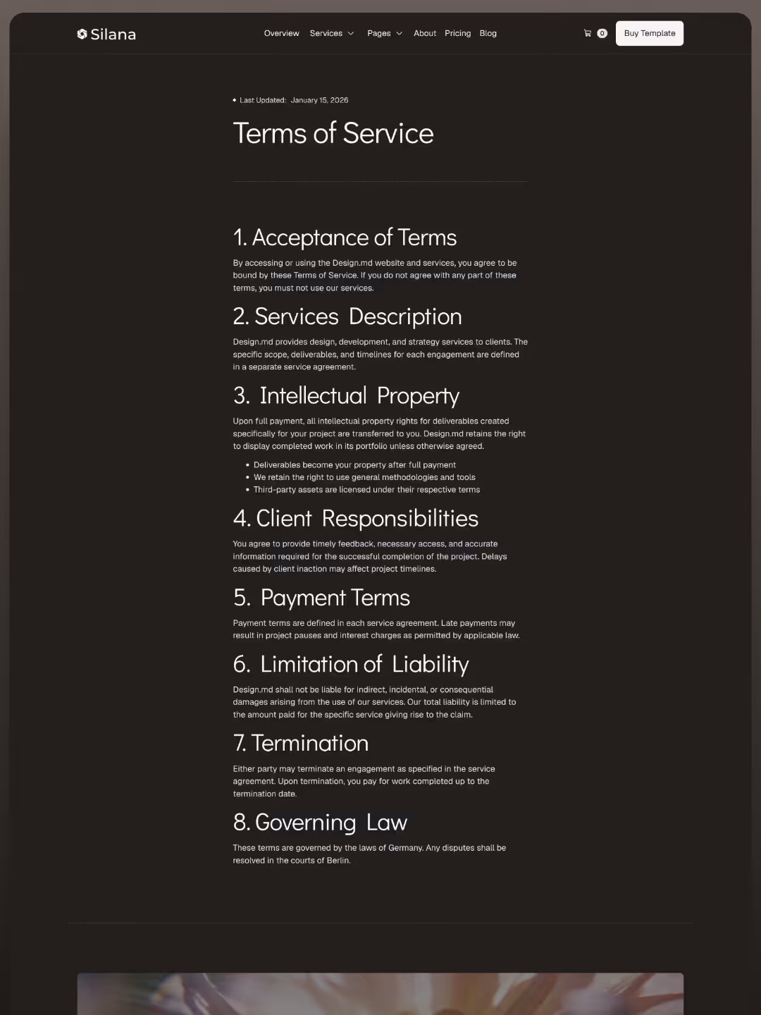 Legal information page showing terms of service, privacy policy, and licensing details for Silana.