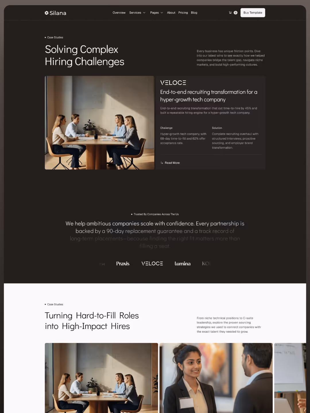 Two business case studies on recruiting challenges with images of meetings and professional discussions.