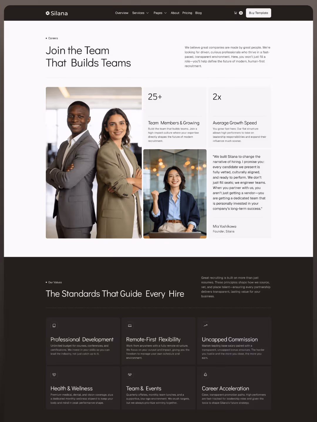 Two professionals in suits smiling with career stats and values sections on recruitment and growth.