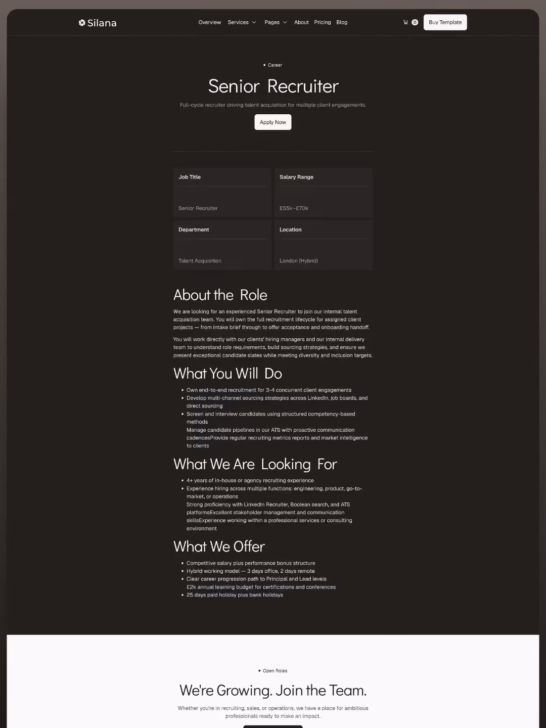 Senior Recruiter job page showing role details, salary £55k-£70k, London location, and application info.