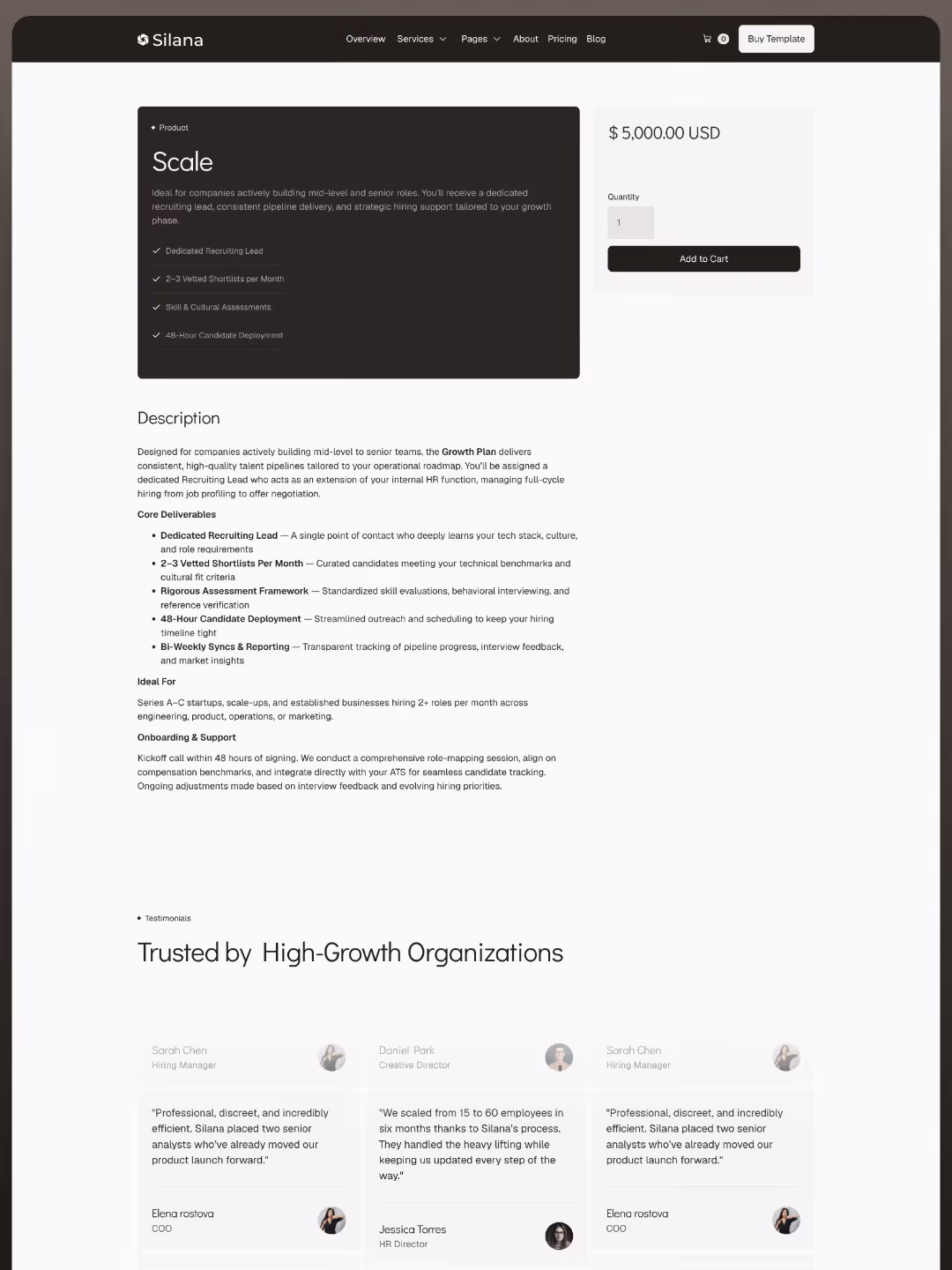 Silana product page for Scale offering recruiting services priced at $5,000 with client testimonials below.