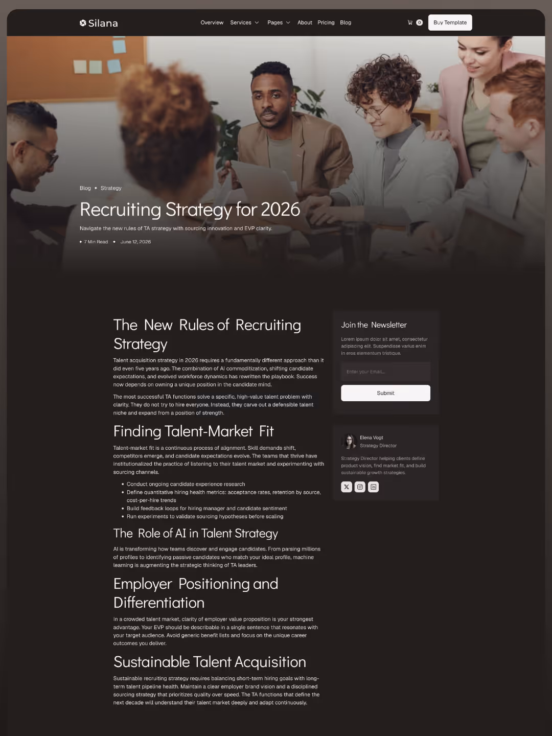 Team meeting scene above an article titled Recruiting Strategy for 2026 with sections on talent and AI.