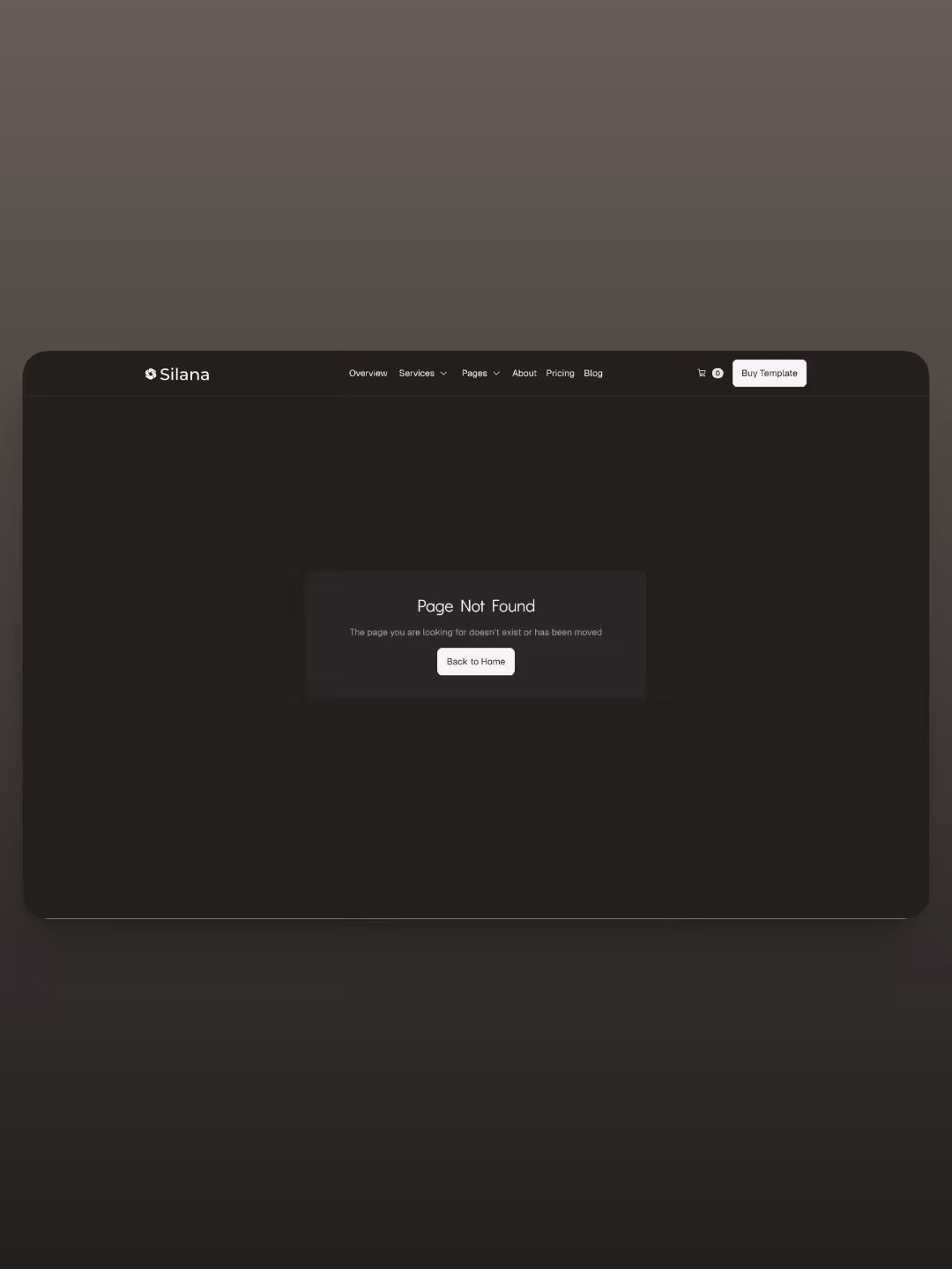 Dark webpage with Silana logo and message: Page Not Found, with Back to Home button.
