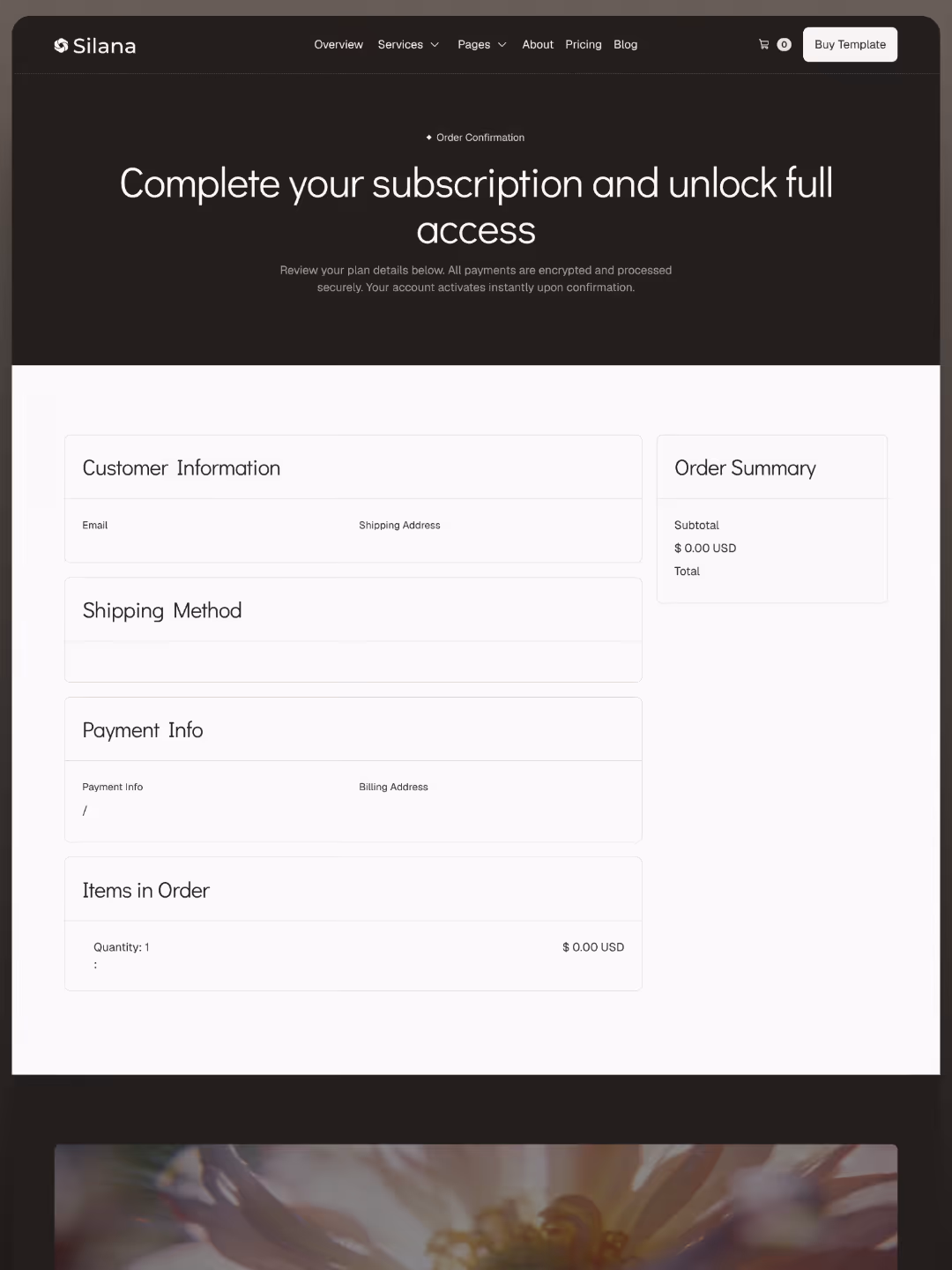 Subscription order confirmation page with customer info, shipping, payment details, and order summary at zero cost.